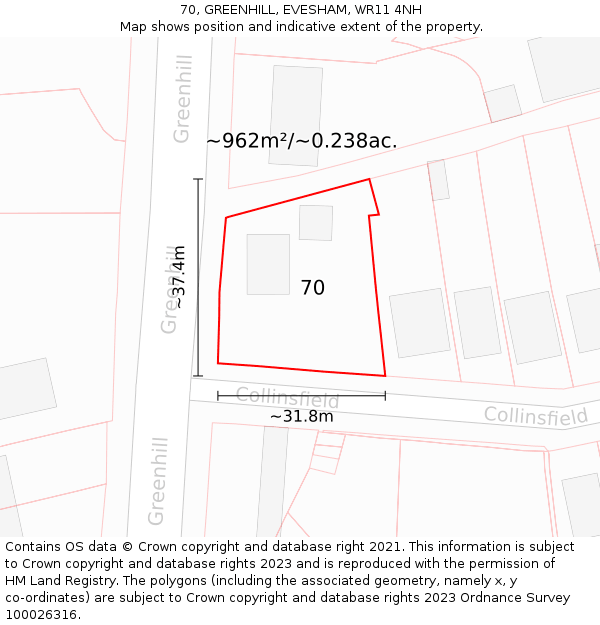70, GREENHILL, EVESHAM, WR11 4NH: Plot and title map