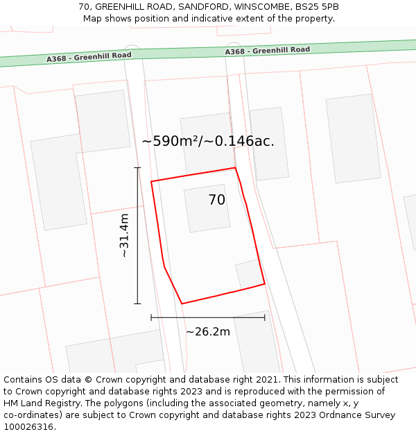 70, GREENHILL ROAD, SANDFORD, WINSCOMBE, BS25 5PB: Plot and title map