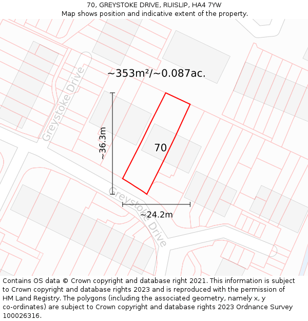 70, GREYSTOKE DRIVE, RUISLIP, HA4 7YW: Plot and title map
