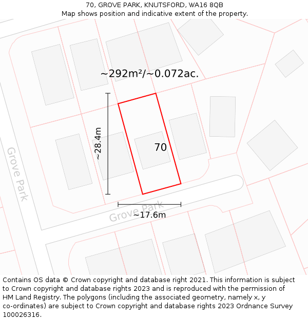 70, GROVE PARK, KNUTSFORD, WA16 8QB: Plot and title map
