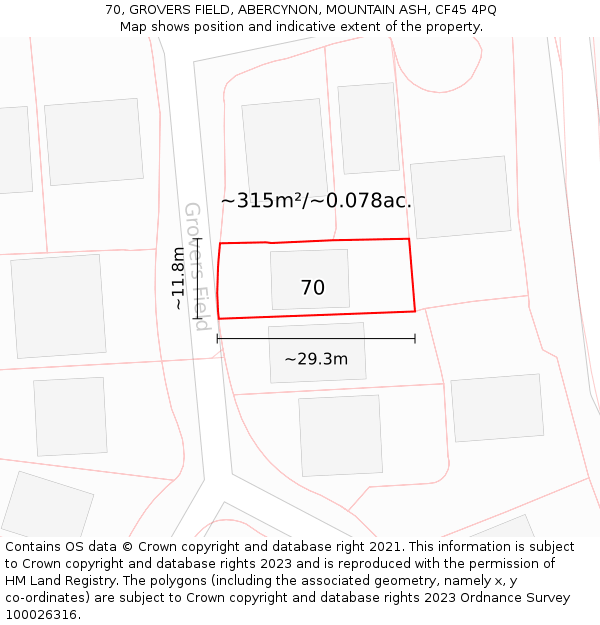 70, GROVERS FIELD, ABERCYNON, MOUNTAIN ASH, CF45 4PQ: Plot and title map