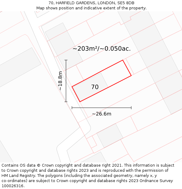 70, HARFIELD GARDENS, LONDON, SE5 8DB: Plot and title map