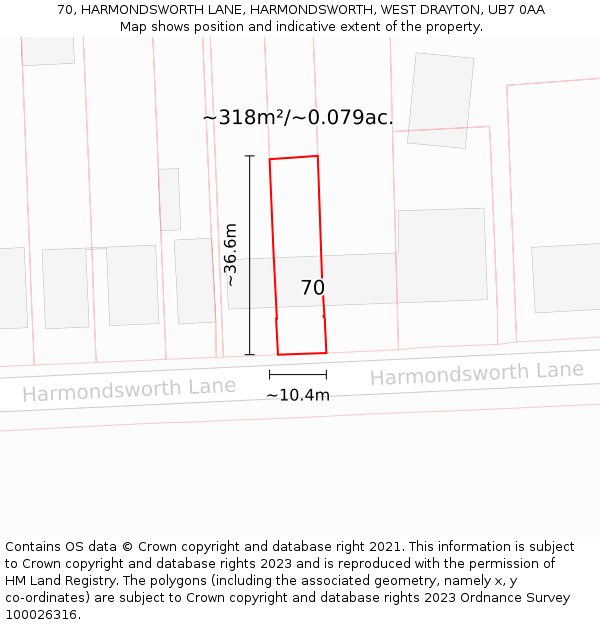 70, HARMONDSWORTH LANE, HARMONDSWORTH, WEST DRAYTON, UB7 0AA: Plot and title map