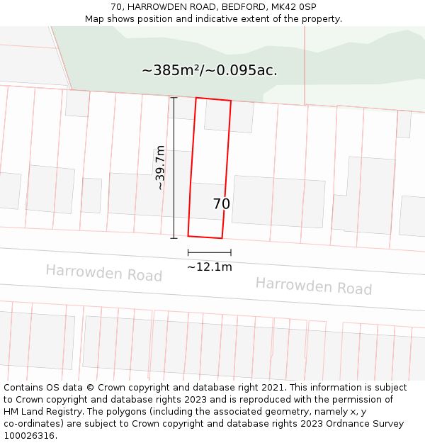 70, HARROWDEN ROAD, BEDFORD, MK42 0SP: Plot and title map