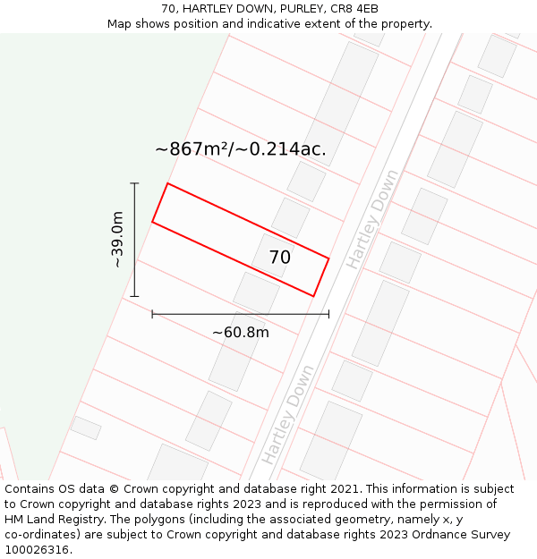 70, HARTLEY DOWN, PURLEY, CR8 4EB: Plot and title map