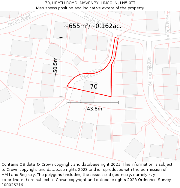 70, HEATH ROAD, NAVENBY, LINCOLN, LN5 0TT: Plot and title map