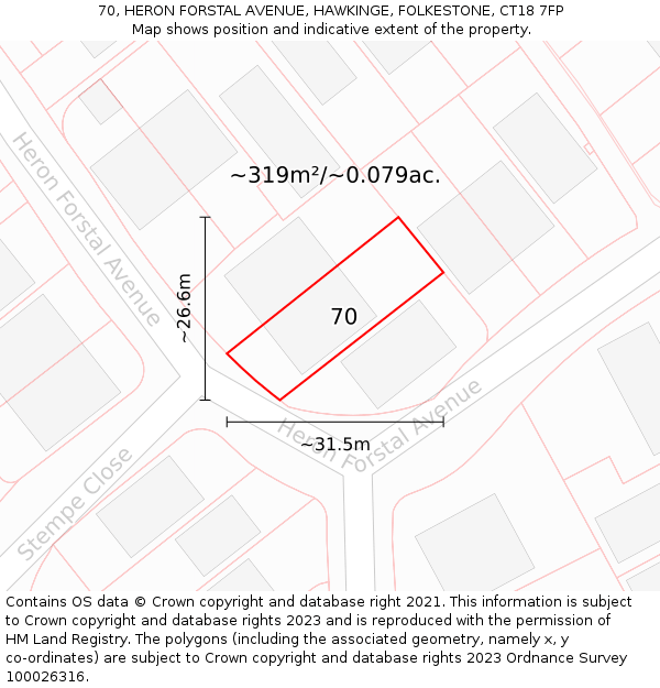 70, HERON FORSTAL AVENUE, HAWKINGE, FOLKESTONE, CT18 7FP: Plot and title map