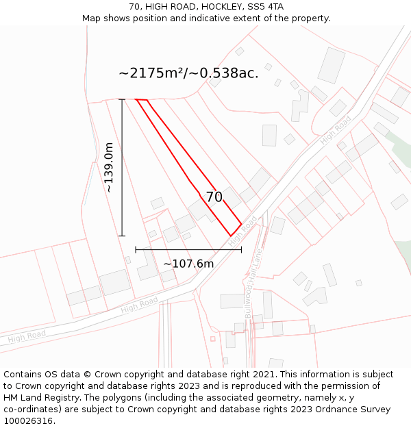 70, HIGH ROAD, HOCKLEY, SS5 4TA: Plot and title map