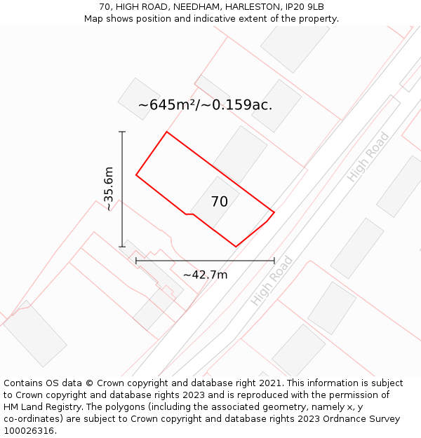 70, HIGH ROAD, NEEDHAM, HARLESTON, IP20 9LB: Plot and title map