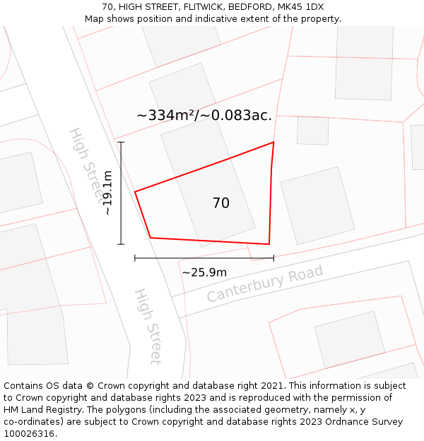 70, HIGH STREET, FLITWICK, BEDFORD, MK45 1DX: Plot and title map