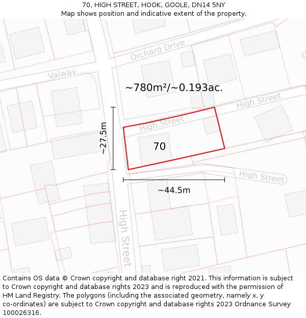 70, HIGH STREET, HOOK, GOOLE, DN14 5NY: Plot and title map