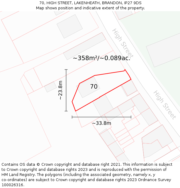 70, HIGH STREET, LAKENHEATH, BRANDON, IP27 9DS: Plot and title map