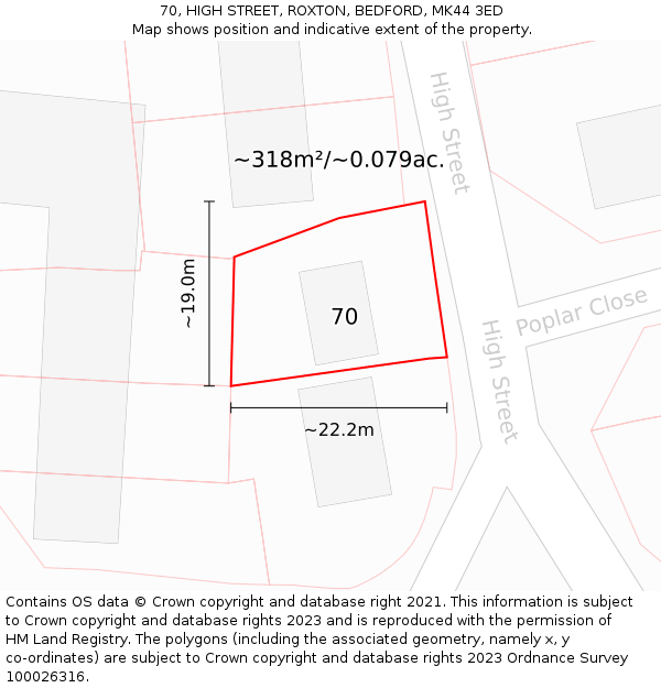 70, HIGH STREET, ROXTON, BEDFORD, MK44 3ED: Plot and title map