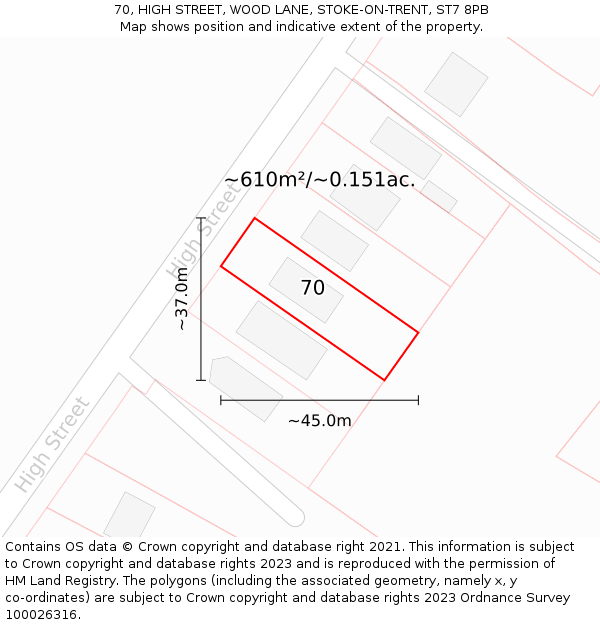 70, HIGH STREET, WOOD LANE, STOKE-ON-TRENT, ST7 8PB: Plot and title map