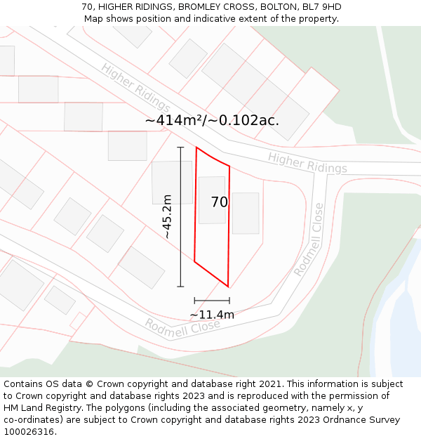 70, HIGHER RIDINGS, BROMLEY CROSS, BOLTON, BL7 9HD: Plot and title map