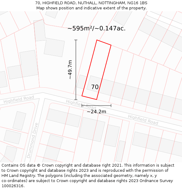 70, HIGHFIELD ROAD, NUTHALL, NOTTINGHAM, NG16 1BS: Plot and title map