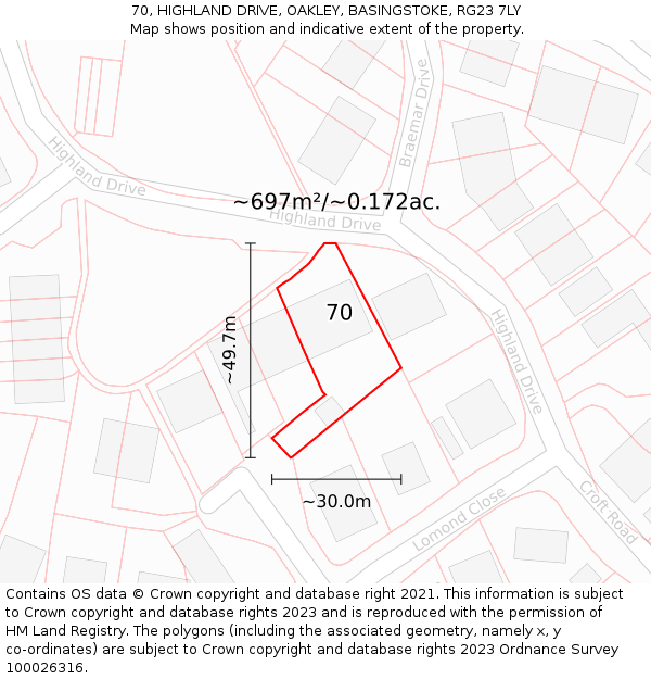 70, HIGHLAND DRIVE, OAKLEY, BASINGSTOKE, RG23 7LY: Plot and title map