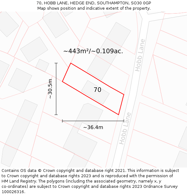 70, HOBB LANE, HEDGE END, SOUTHAMPTON, SO30 0GP: Plot and title map