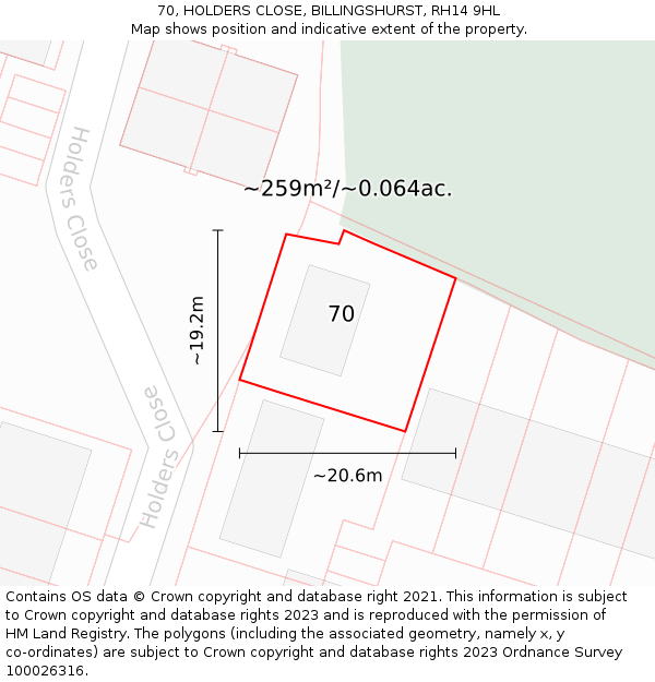 70, HOLDERS CLOSE, BILLINGSHURST, RH14 9HL: Plot and title map