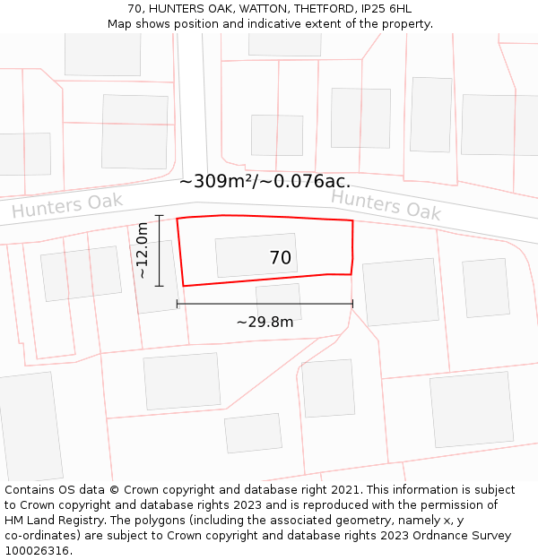 70, HUNTERS OAK, WATTON, THETFORD, IP25 6HL: Plot and title map