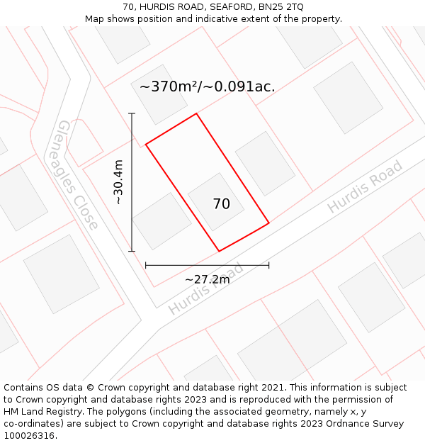 70, HURDIS ROAD, SEAFORD, BN25 2TQ: Plot and title map