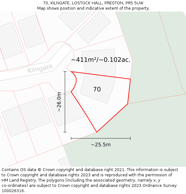 70, KILNGATE, LOSTOCK HALL, PRESTON, PR5 5UW: Plot and title map