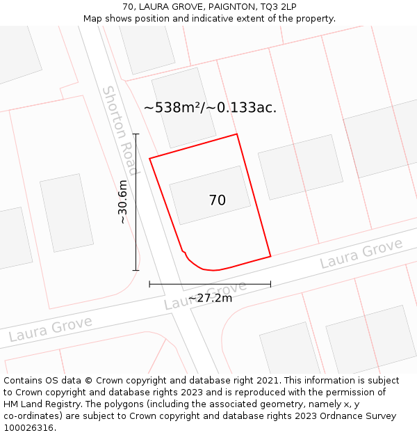 70, LAURA GROVE, PAIGNTON, TQ3 2LP: Plot and title map