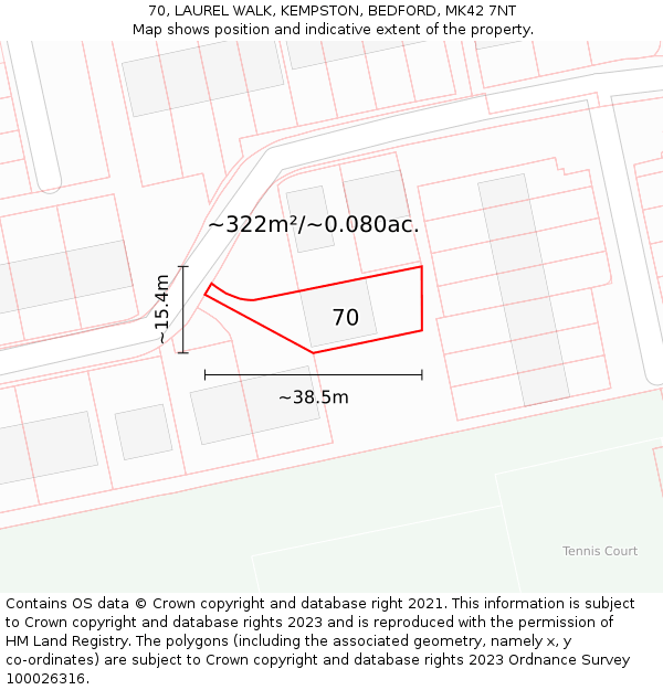 70, LAUREL WALK, KEMPSTON, BEDFORD, MK42 7NT: Plot and title map