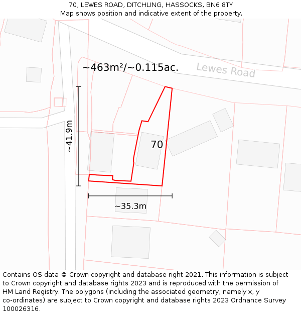 70, LEWES ROAD, DITCHLING, HASSOCKS, BN6 8TY: Plot and title map