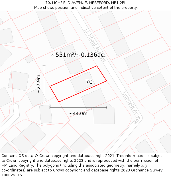 70, LICHFIELD AVENUE, HEREFORD, HR1 2RL: Plot and title map