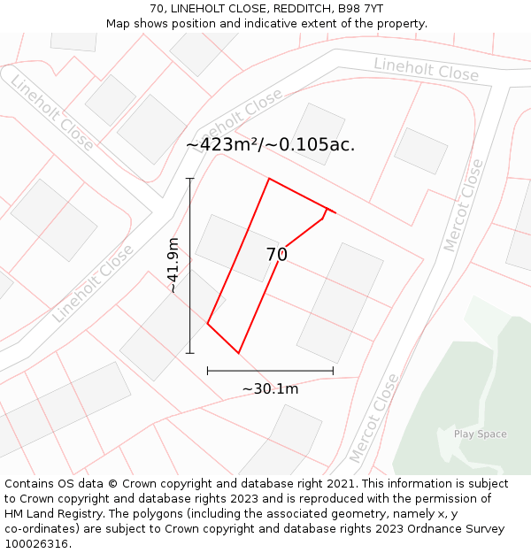 70, LINEHOLT CLOSE, REDDITCH, B98 7YT: Plot and title map