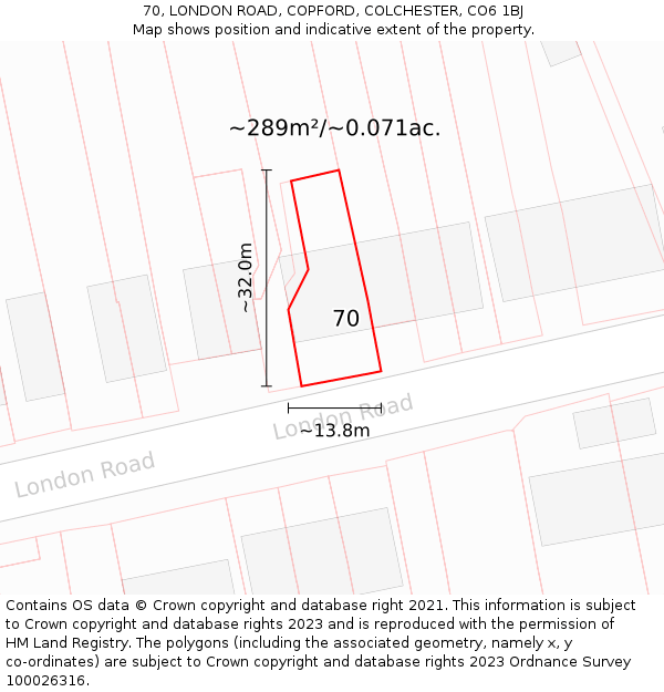 70, LONDON ROAD, COPFORD, COLCHESTER, CO6 1BJ: Plot and title map