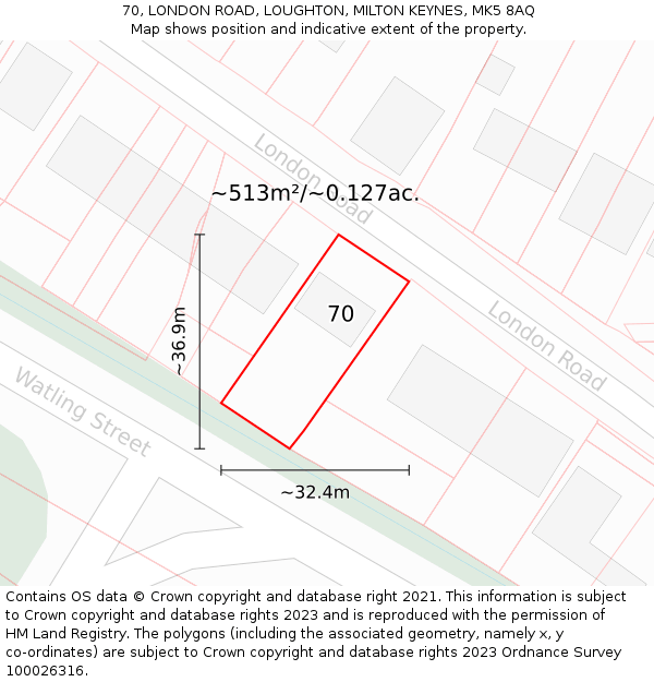 70, LONDON ROAD, LOUGHTON, MILTON KEYNES, MK5 8AQ: Plot and title map