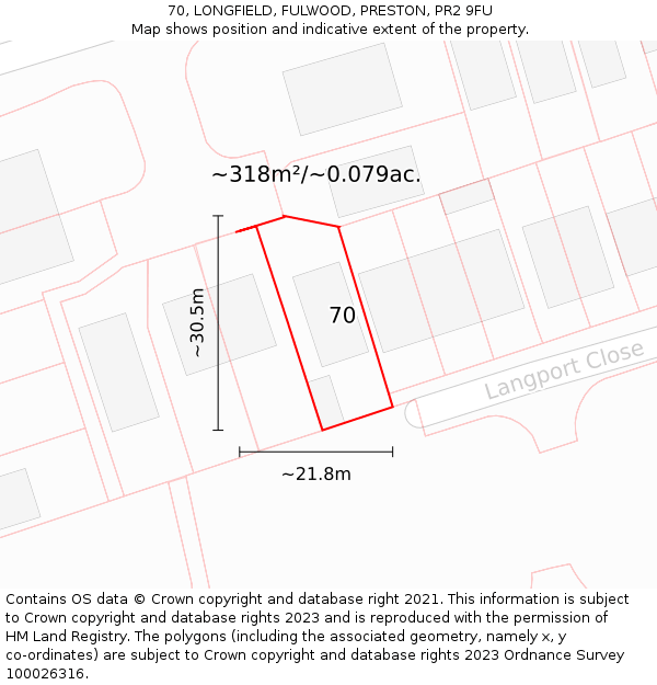 70, LONGFIELD, FULWOOD, PRESTON, PR2 9FU: Plot and title map