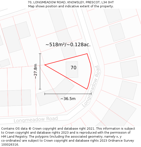 70, LONGMEADOW ROAD, KNOWSLEY, PRESCOT, L34 0HT: Plot and title map