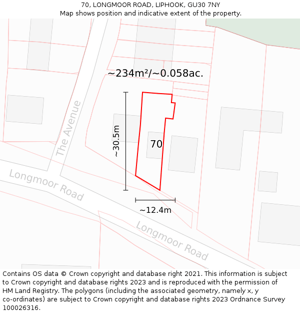 70, LONGMOOR ROAD, LIPHOOK, GU30 7NY: Plot and title map