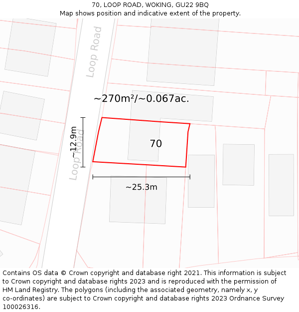 70, LOOP ROAD, WOKING, GU22 9BQ: Plot and title map