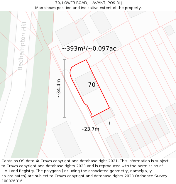 70, LOWER ROAD, HAVANT, PO9 3LJ: Plot and title map