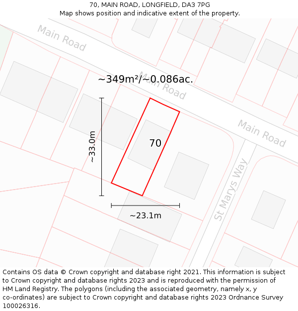 70, MAIN ROAD, LONGFIELD, DA3 7PG: Plot and title map