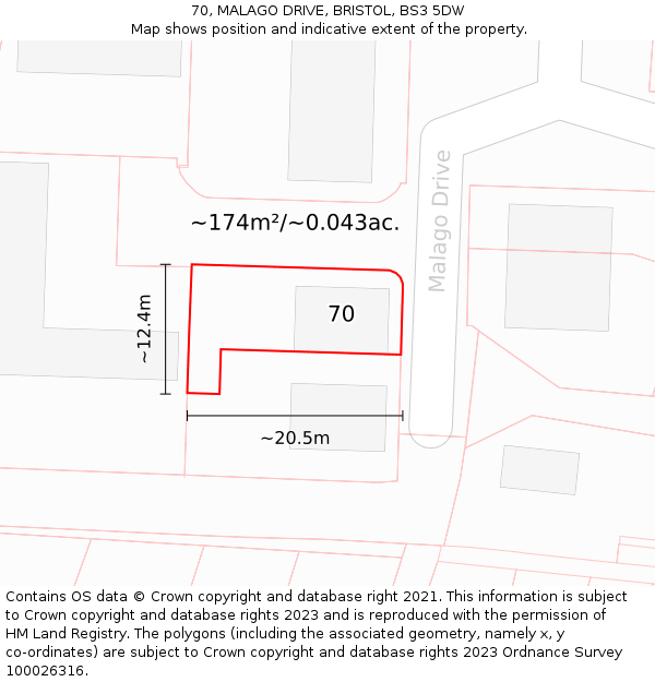 70, MALAGO DRIVE, BRISTOL, BS3 5DW: Plot and title map