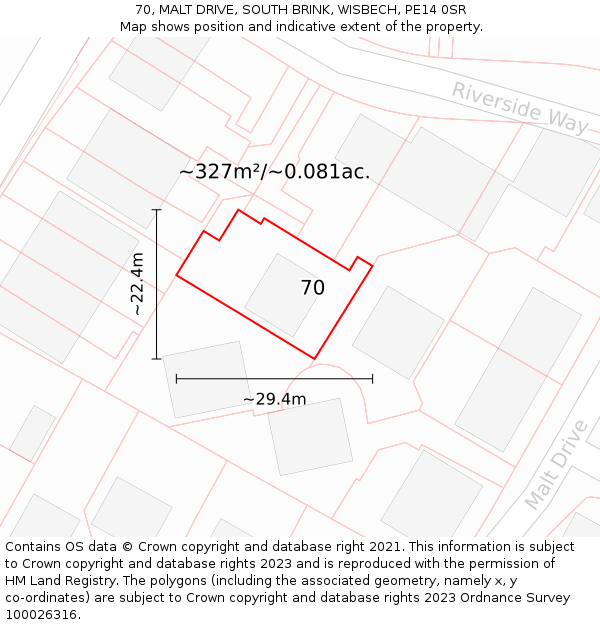 70, MALT DRIVE, SOUTH BRINK, WISBECH, PE14 0SR: Plot and title map