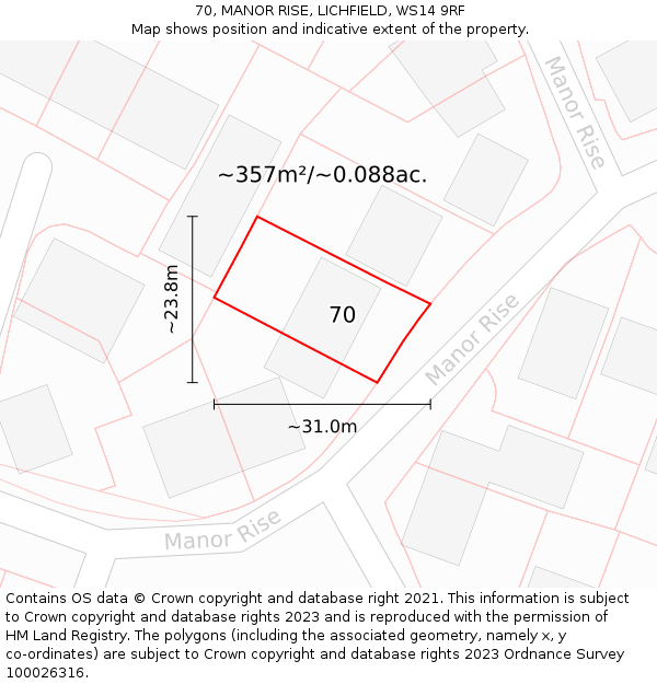 70, MANOR RISE, LICHFIELD, WS14 9RF: Plot and title map
