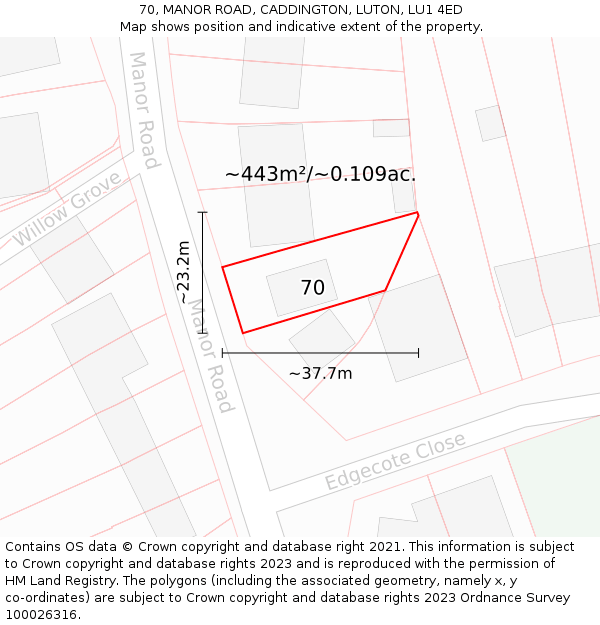 70, MANOR ROAD, CADDINGTON, LUTON, LU1 4ED: Plot and title map