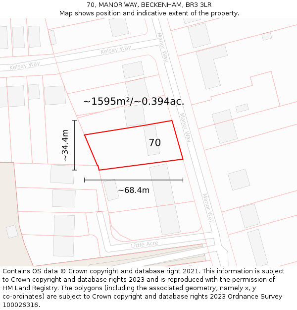 70, MANOR WAY, BECKENHAM, BR3 3LR: Plot and title map