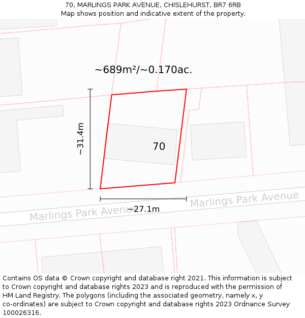 70, MARLINGS PARK AVENUE, CHISLEHURST, BR7 6RB: Plot and title map