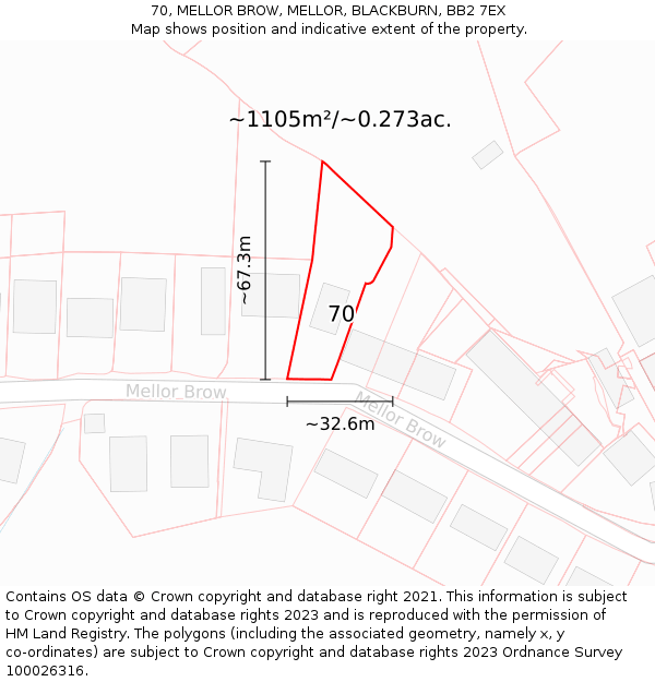 70, MELLOR BROW, MELLOR, BLACKBURN, BB2 7EX: Plot and title map