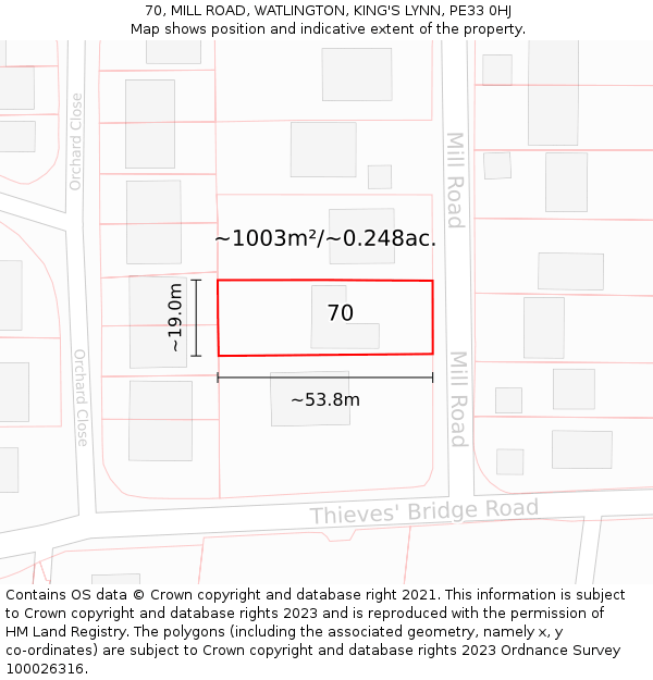 70, MILL ROAD, WATLINGTON, KING'S LYNN, PE33 0HJ: Plot and title map