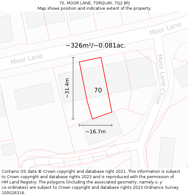 70, MOOR LANE, TORQUAY, TQ2 8PJ: Plot and title map