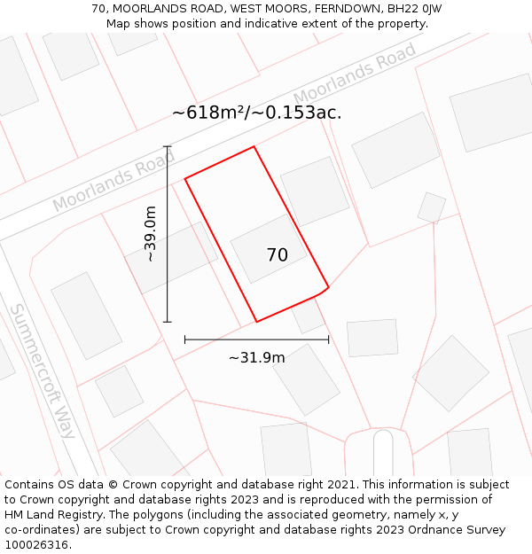 70, MOORLANDS ROAD, WEST MOORS, FERNDOWN, BH22 0JW: Plot and title map