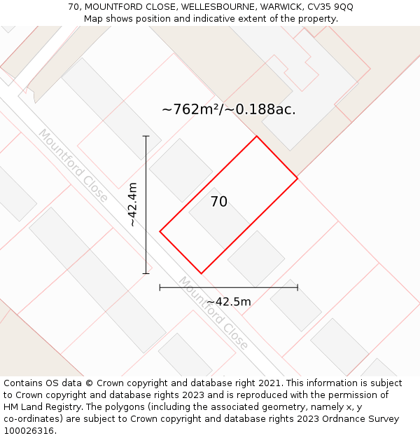 70, MOUNTFORD CLOSE, WELLESBOURNE, WARWICK, CV35 9QQ: Plot and title map